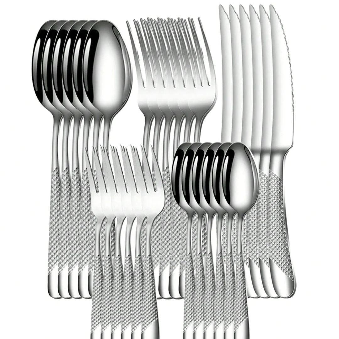Conjunto de Talheres Prata em Aço Inoxidável 30 Peças Luxo
