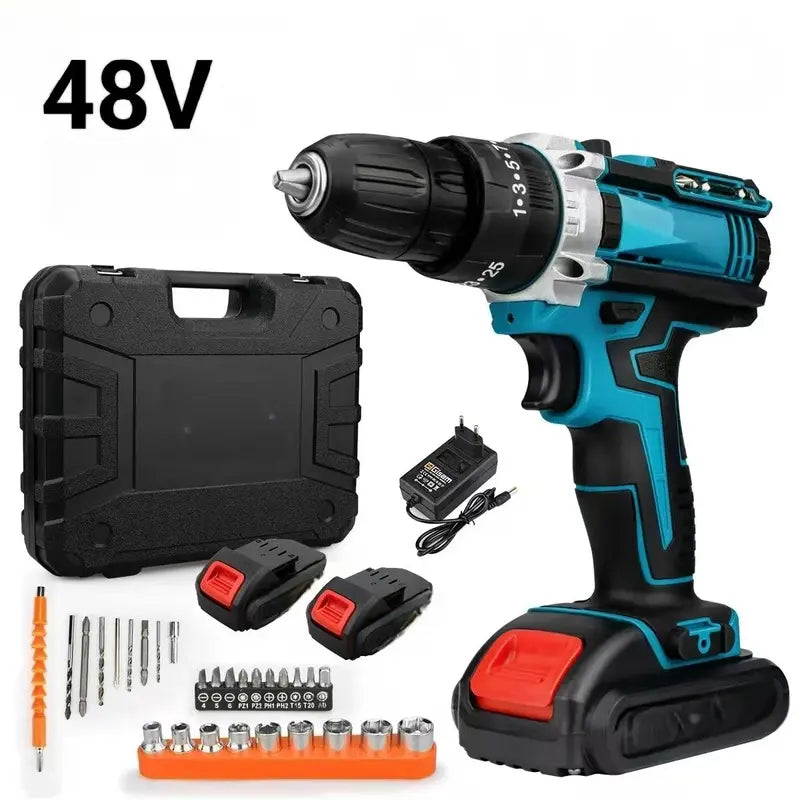 [PROMOÇÃO BLACK FRIDAY] Furadeira e Parafusadeira de Impacto Sem Fio 48v Recarregável, 2 Baterias, Estojo de Armazenamento e 28 Acessórios