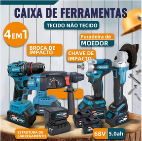 [OFERTA BLACK FRIDAY] Kit de ferramentas 4 em 1 Furadeira, Chave de fenda/Chave de impacto/Amolador/Martelo 2 baterias de 68 V Caixa - 1 ANO DE GARANTIA