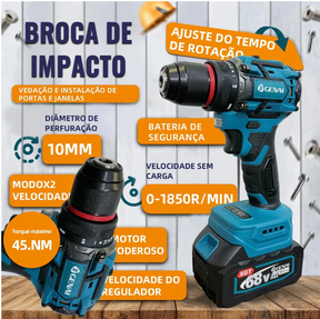 [OFERTA BLACK FRIDAY] Kit de ferramentas 4 em 1 Furadeira, Chave de fenda/Chave de impacto/Amolador/Martelo 2 baterias de 68 V Caixa - 1 ANO DE GARANTIA