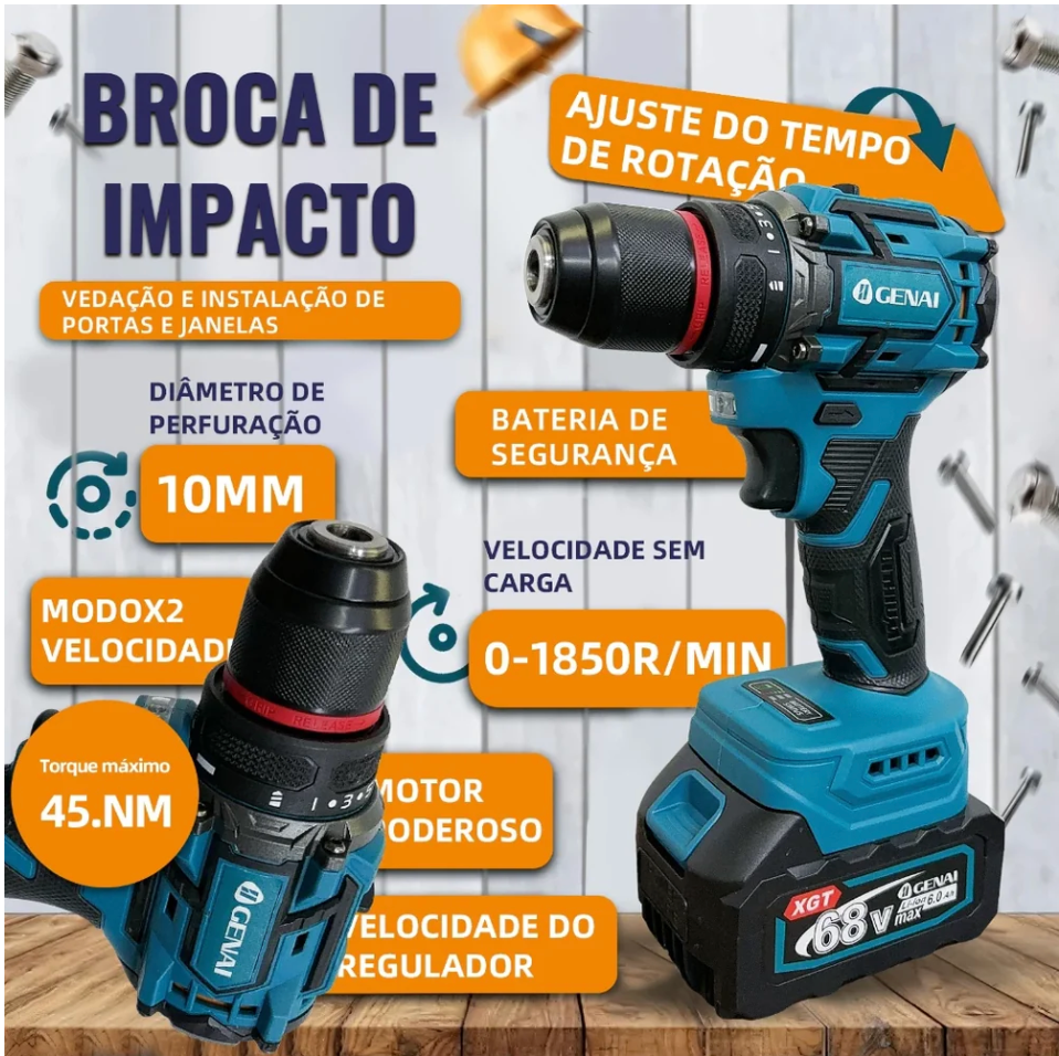 [OFERTA BLACK FRIDAY] Kit de ferramentas 4 em 1 Furadeira, Chave de fenda/Chave de impacto/Amolador/Martelo 2 baterias de 68 V Caixa - 1 ANO DE GARANTIA