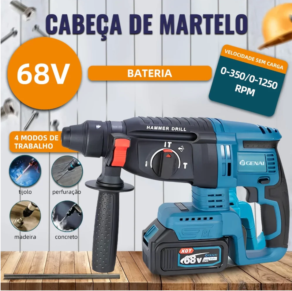[OFERTA BLACK FRIDAY] Kit de ferramentas 4 em 1 Furadeira, Chave de fenda/Chave de impacto/Amolador/Martelo 2 baterias de 68 V Caixa - 1 ANO DE GARANTIA