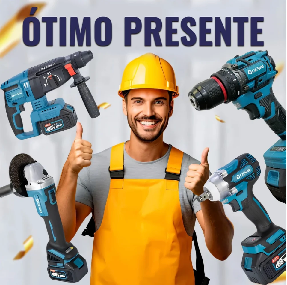 [OFERTA BLACK FRIDAY] Kit de ferramentas 4 em 1 Furadeira, Chave de fenda/Chave de impacto/Amolador/Martelo 2 baterias de 68 V Caixa - 1 ANO DE GARANTIA