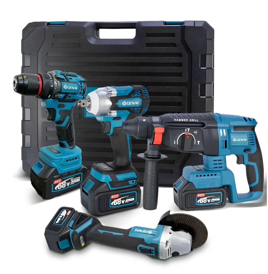 [OFERTA BLACK FRIDAY] Kit de ferramentas 4 em 1 Furadeira, Chave de fenda/Chave de impacto/Amolador/Martelo 2 baterias de 68 V Caixa - 1 ANO DE GARANTIA