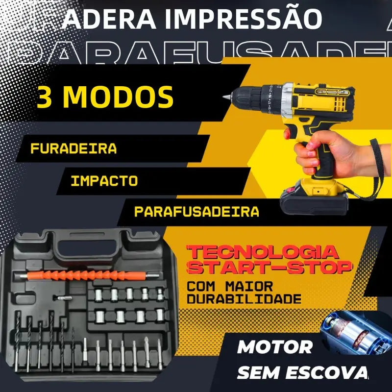 [PROMOÇÃO BLACK FRIDAY] Furadeira e Parafusadeira de Impacto Sem Fio 48v Recarregável, 2 Baterias, Estojo de Armazenamento e 28 Acessórios